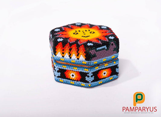Huichol Beaded Hexagonal Wood Recipient Arte Huichol - Pamparyus 