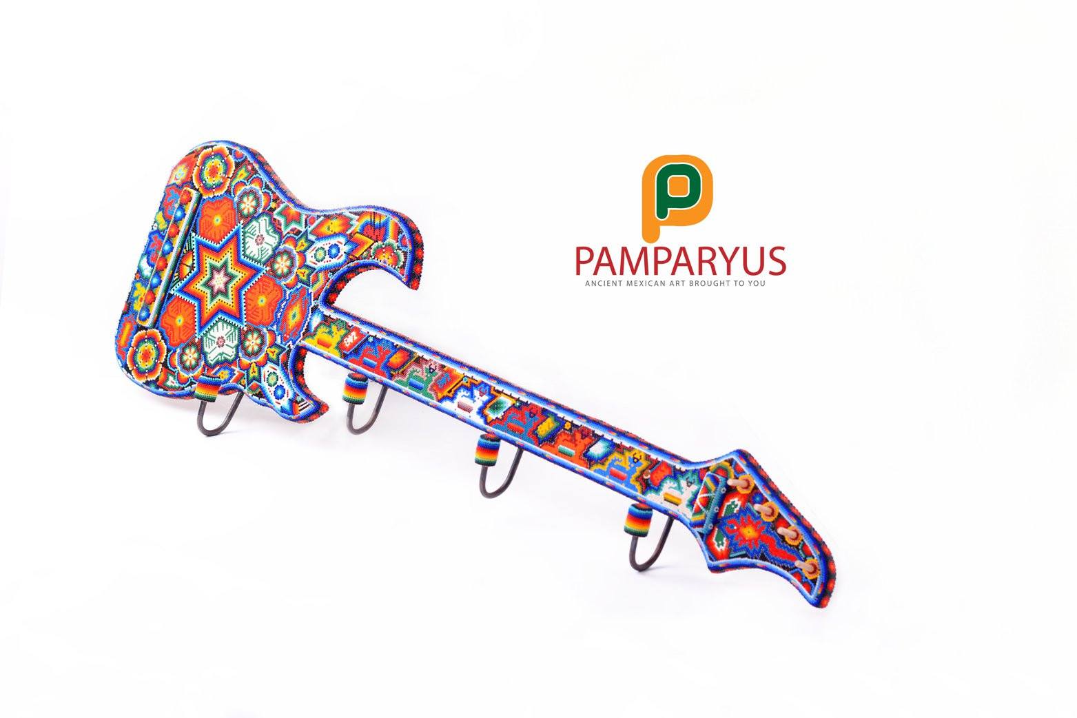 Guitar Huichol Beaded Wooden Hanger Arte Huichol - Pamparyus 